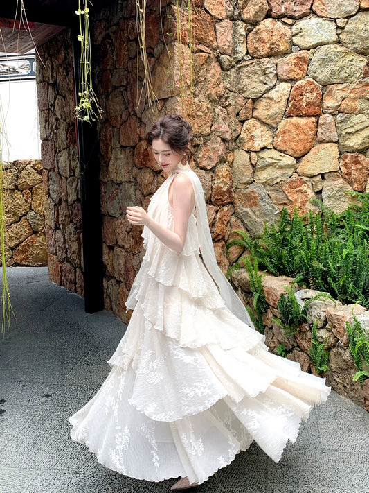 Halter A Line Lace Wedding Dress Layered Formal Dress  L89