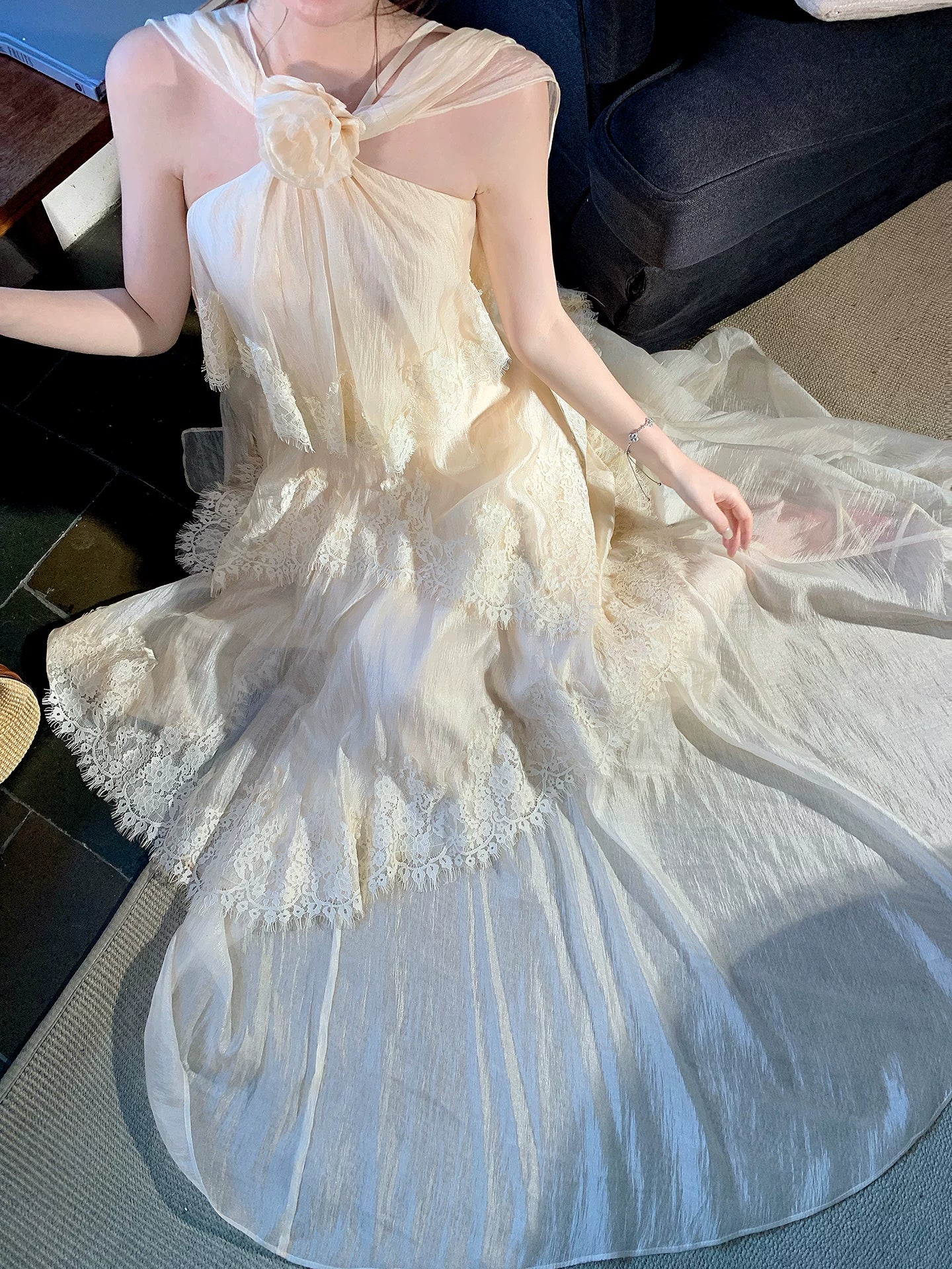 Halter A Line Lace Wedding Guest Dress Layered Formal Dress  L90