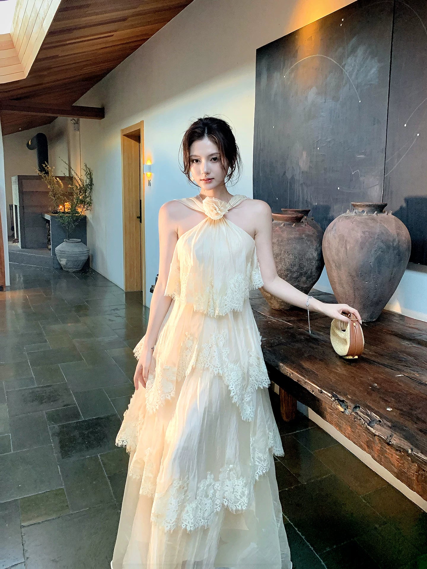 Halter A Line Lace Wedding Guest Dress Layered Formal Dress  L90