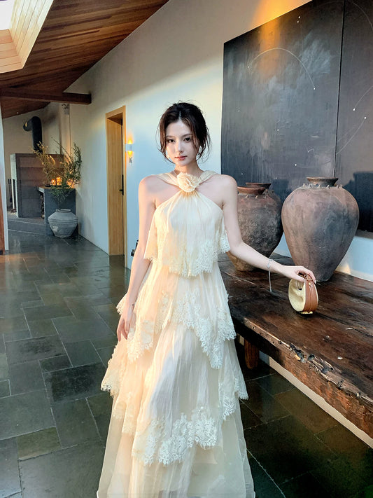 Halter A Line Lace Wedding Guest Dress Layered Formal Dress  L90