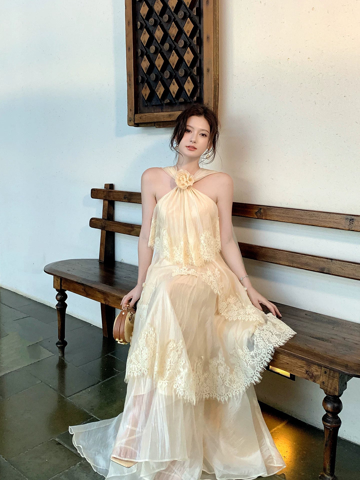 Halter A Line Lace Wedding Guest Dress Layered Formal Dress  L90