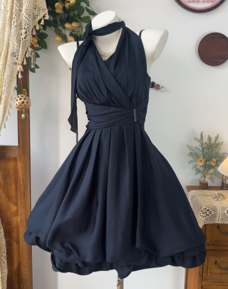Halter A Line Navy Blue Chiffon Short Homecoming Dress  P1483