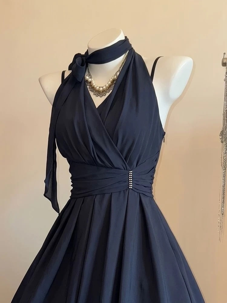 Halter A Line Navy Blue Homecoming Dress Short Birthday Dress  P1829
