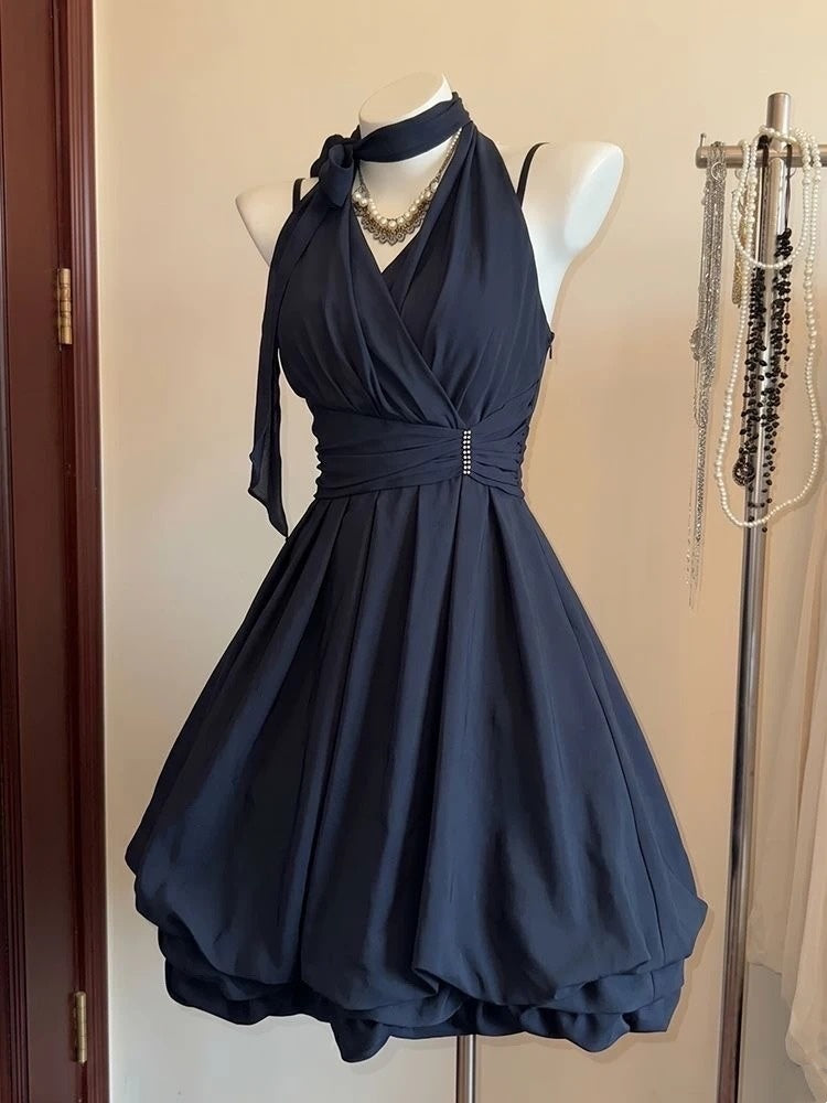 Halter A Line Navy Blue Homecoming Dress Short Birthday Dress  P1829