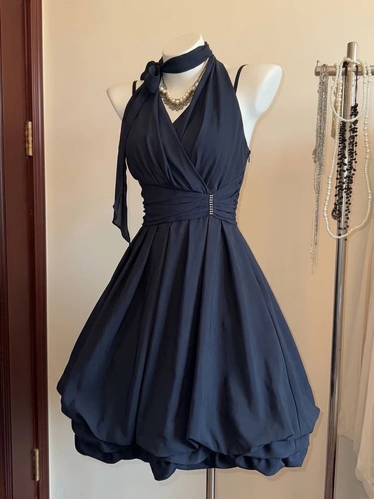 Halter A Line Navy Blue Homecoming Dress Short Birthday Dress  P1829