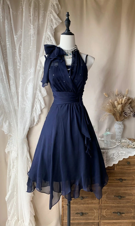 Halter A Line Navy Blue Homecoming Dress Short Party Dress P1664