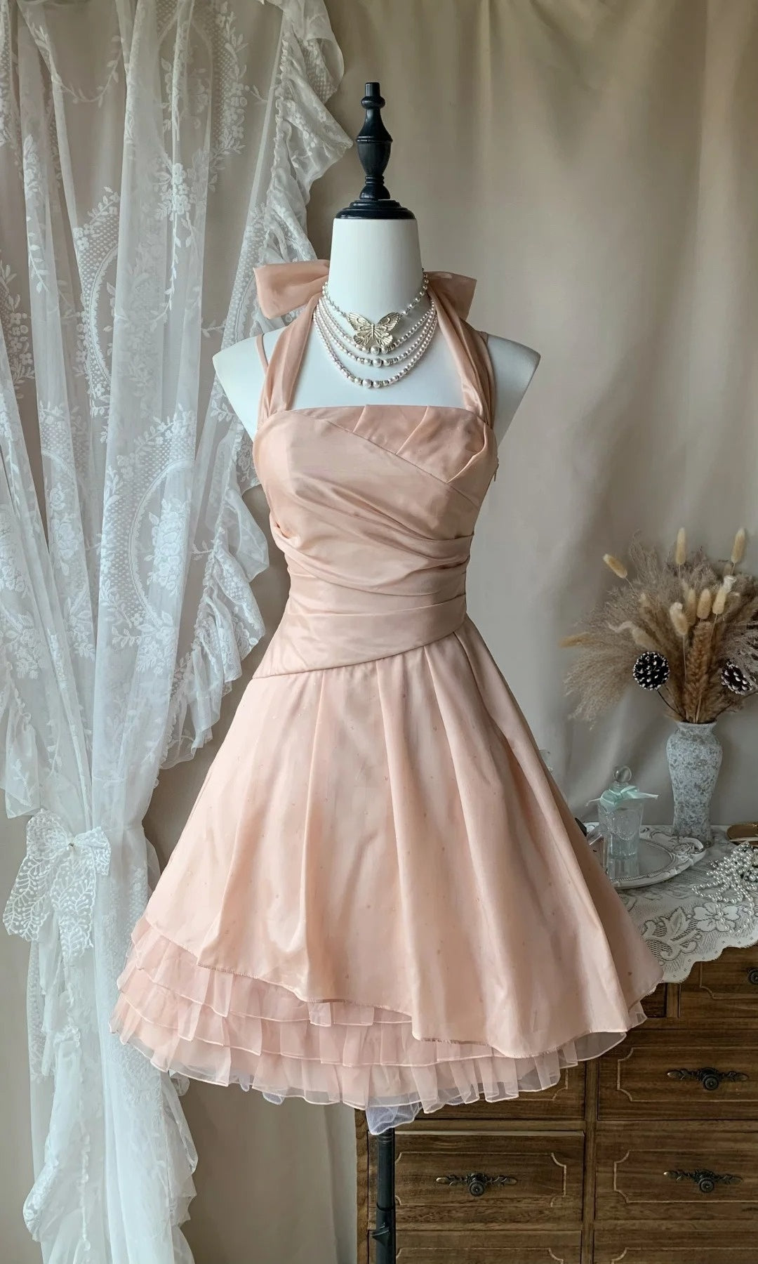 Halter A Line Peach Pink Homecoming Dress Retro Short Birthday Dress   P1874
