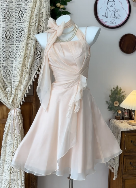 Halter A Line Pink Chiffon Homecoming Dress Ruffled Birthday Dress  P1503
