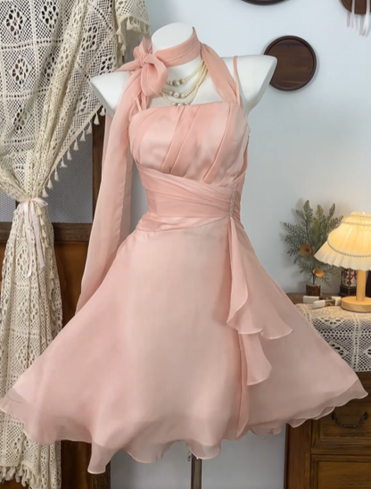 Halter A Line Pink Chiffon Homecoming Dress Short Party Dress  P1494