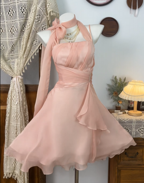 Halter A Line Pink Chiffon Homecoming Dress Short Party Dress  P1494
