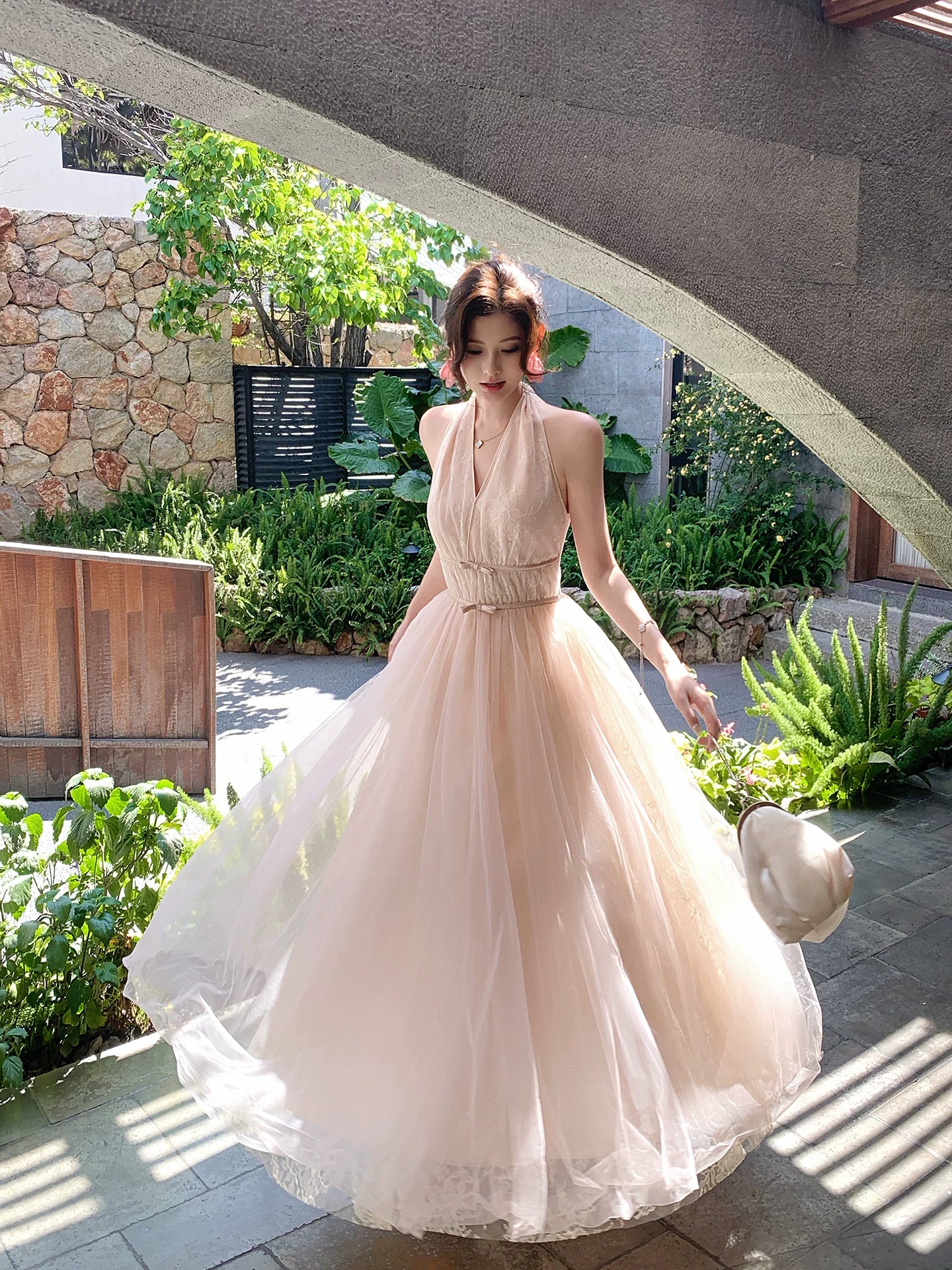 Halter  A Line Pink Formal Prom Dress Lace Evening Dress  L96