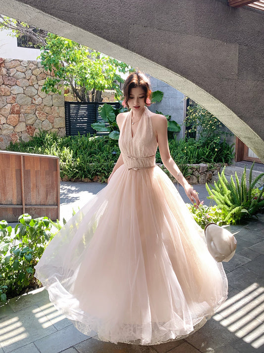 Halter  A Line Pink Formal Prom Dress Lace Evening Dress  L96