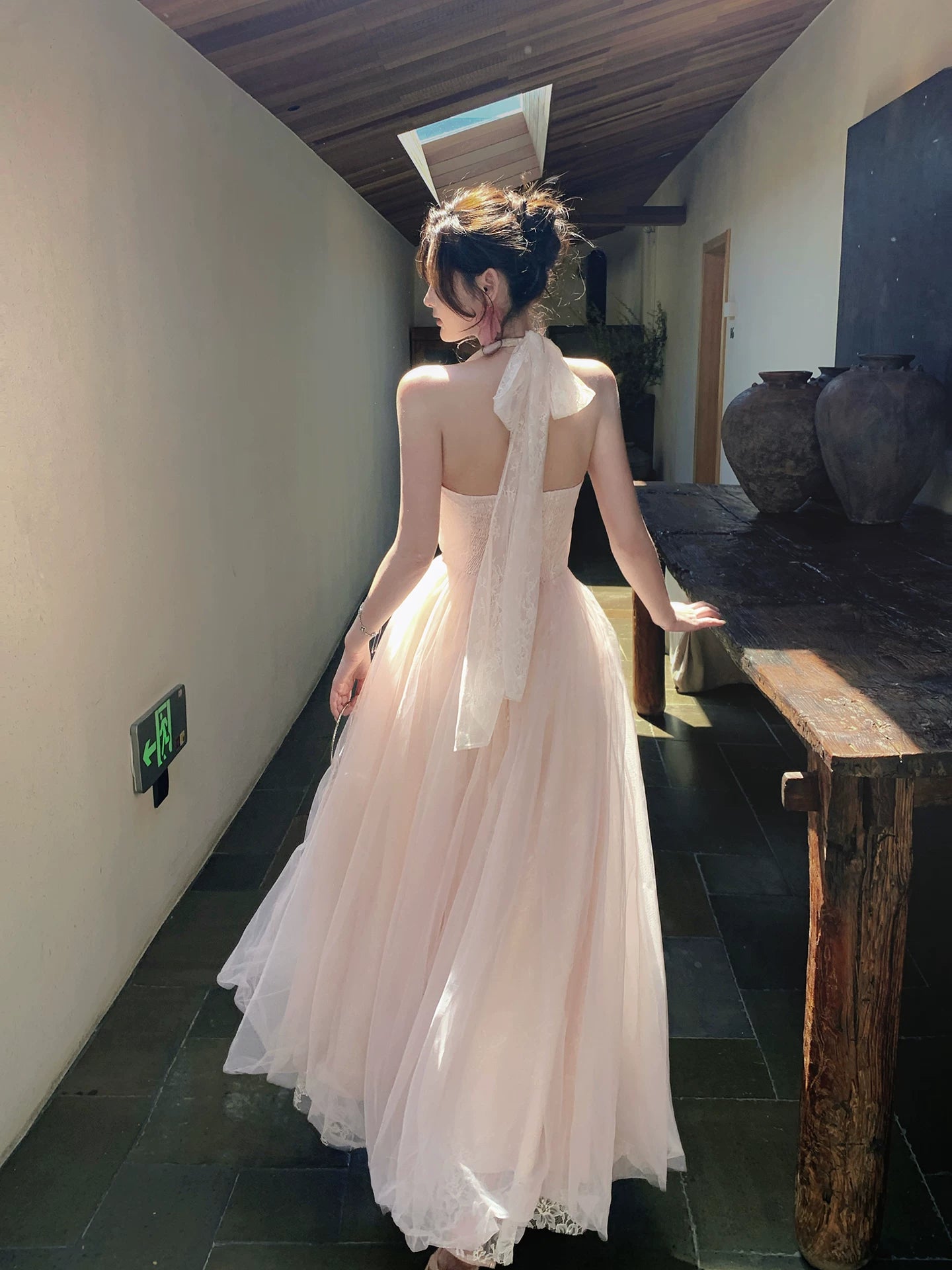 Halter  A Line Pink Formal Prom Dress Lace Evening Dress  L96