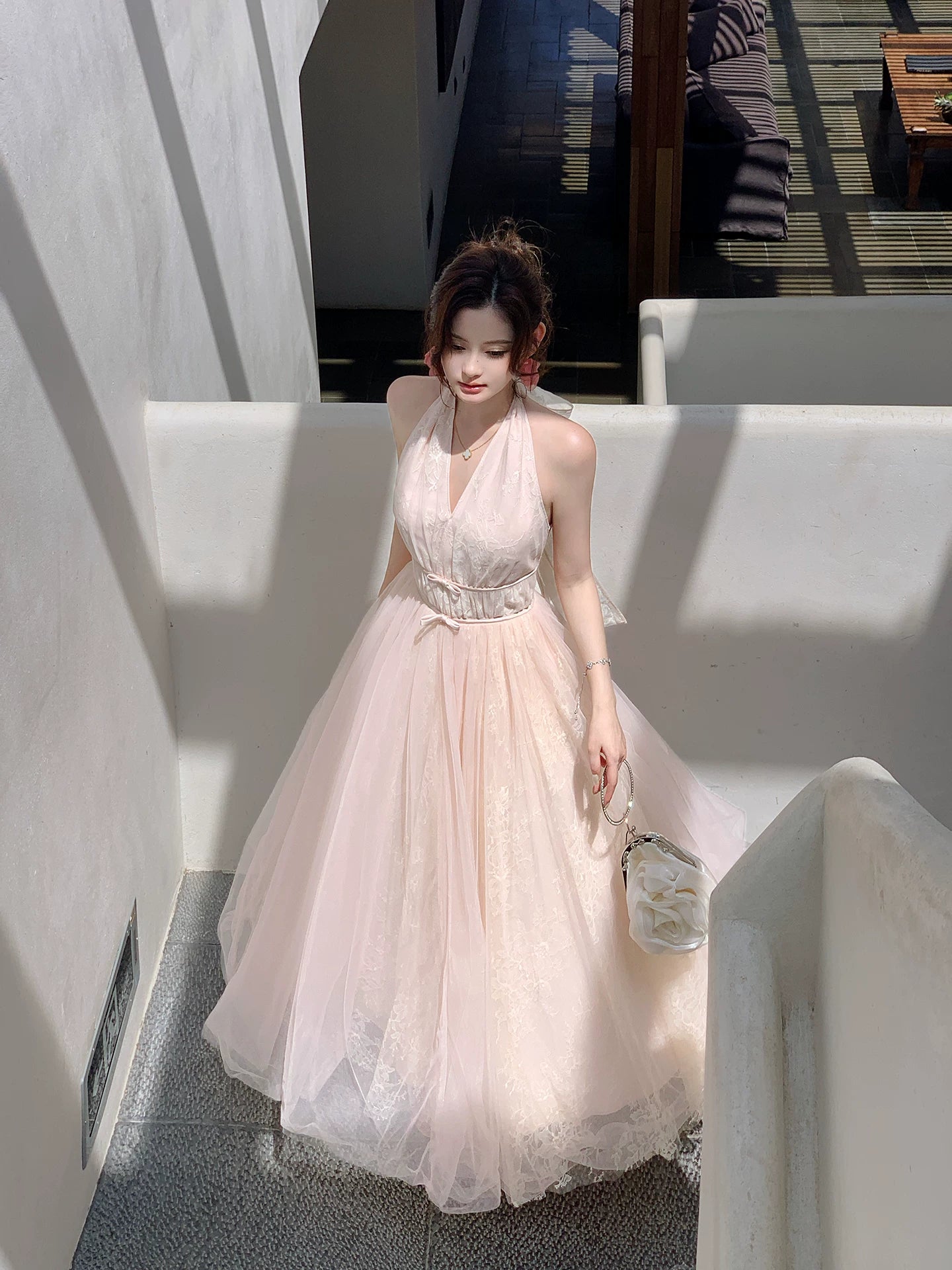Halter  A Line Pink Formal Prom Dress Lace Evening Dress  L96