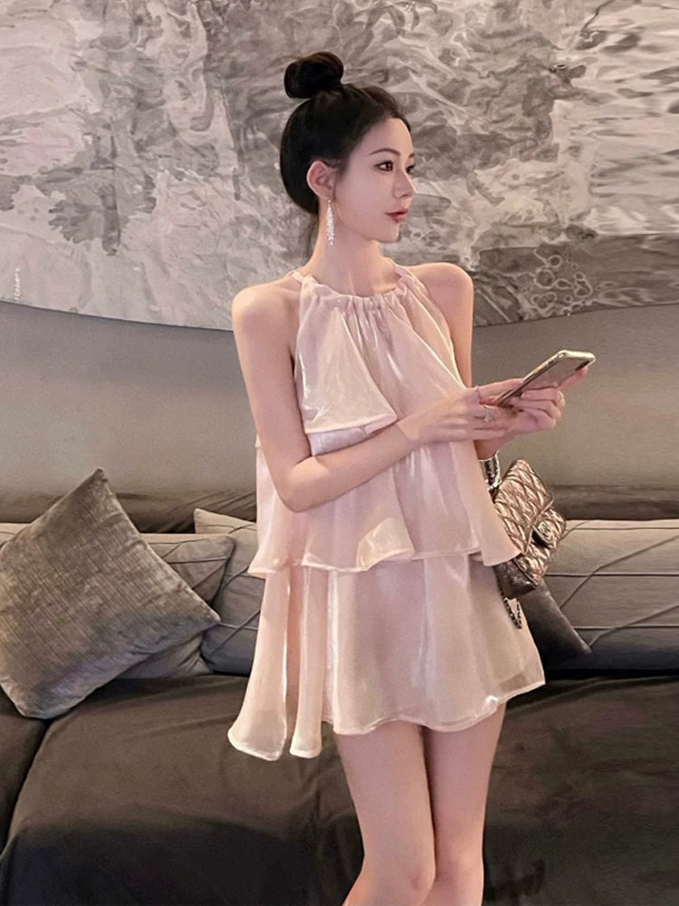 Halter A Line Pink Homecoming Dress Layered Birthday Dress  P1755