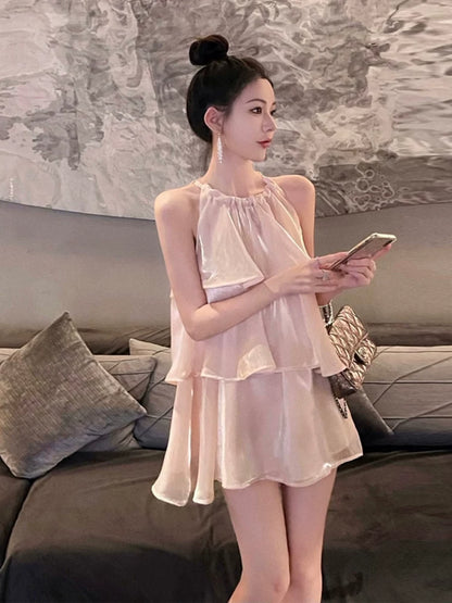 Halter A Line Pink Homecoming Dress Layered Birthday Dress  P1755