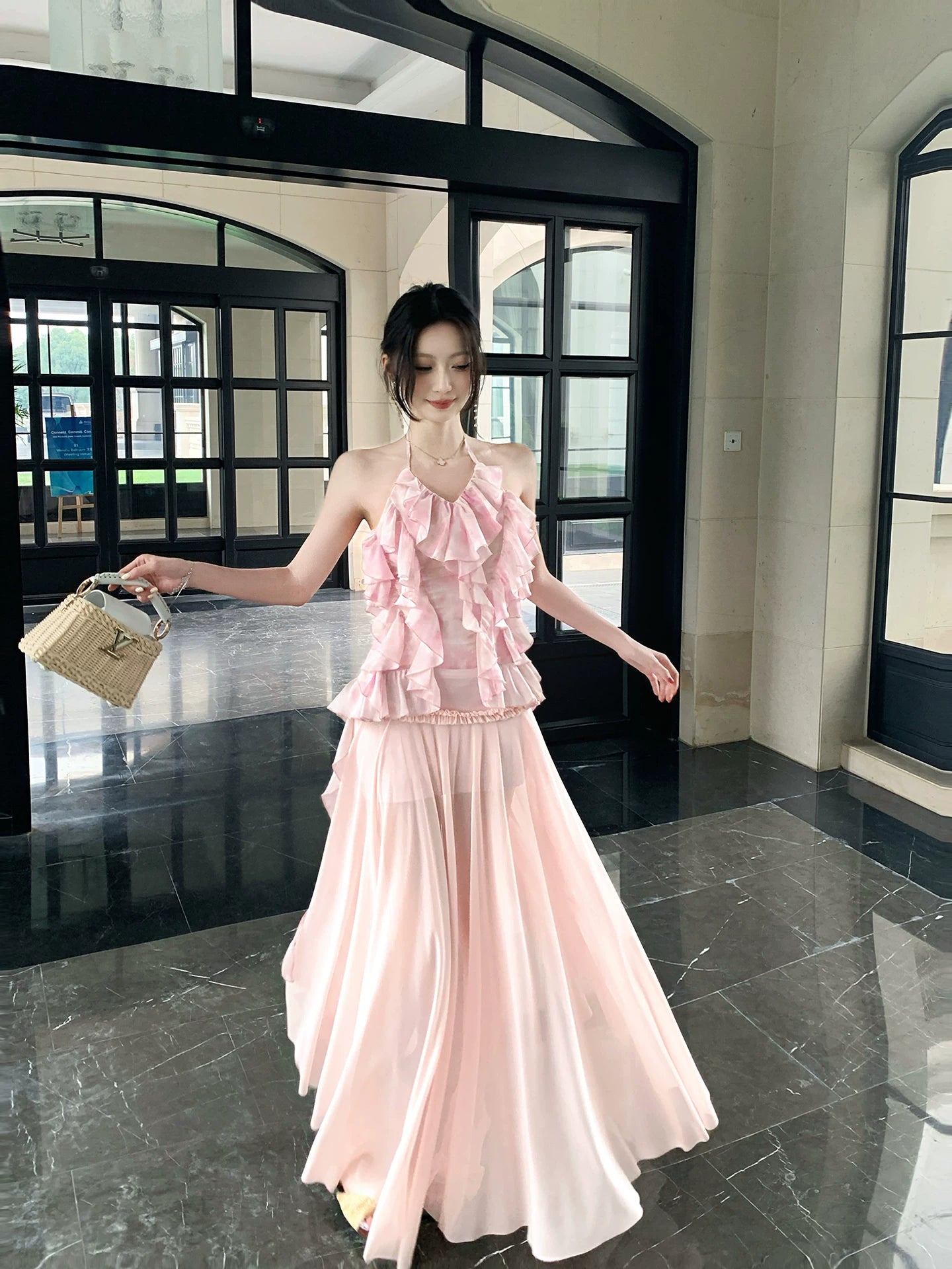 Halter A Line Pink Printed Summer Dress 2 Pcs Set  L109