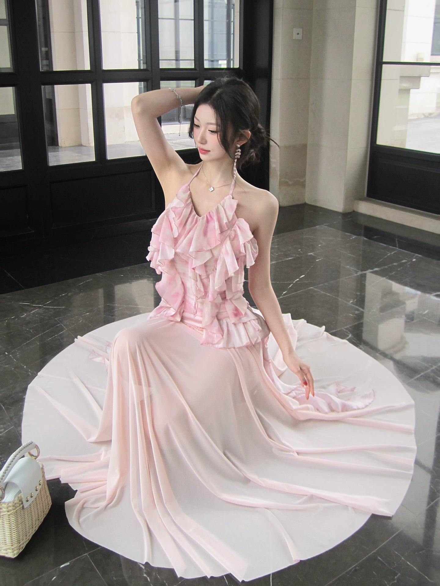 Halter A Line Pink Printed Summer Dress 2 Pcs Set  L109