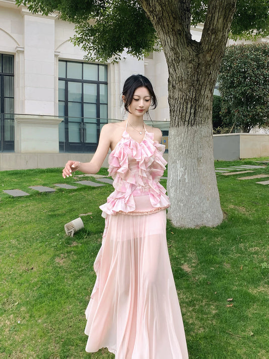 Halter A Line Pink Printed Summer Dress 2 Pcs Set  L109