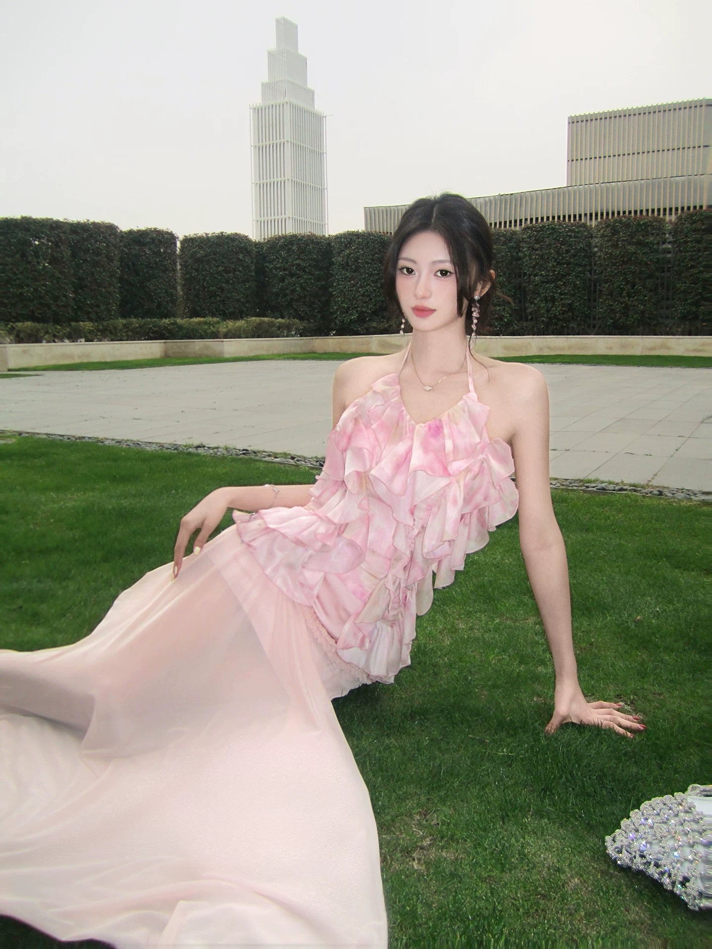 Halter A Line Pink Printed Summer Dress 2 Pcs Set  L109
