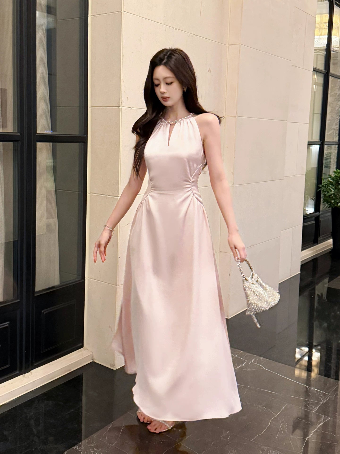 Halter A Line Pink Satin Formal Dress Sweet Birthday Dress  P1529