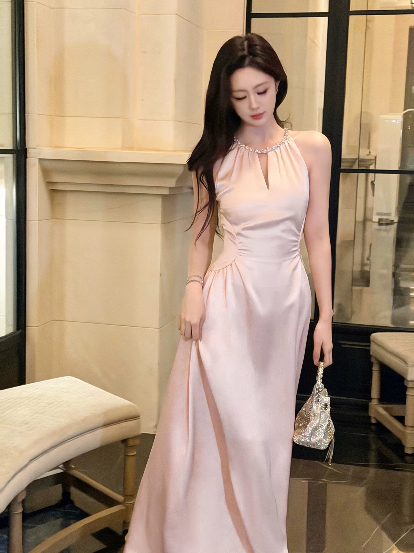 Halter A Line Pink Satin Formal Dress Sweet Birthday Dress  P1529