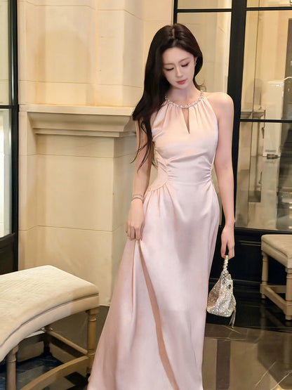 Halter A Line Pink Satin Formal Dress Sweet Birthday Dress  P1529