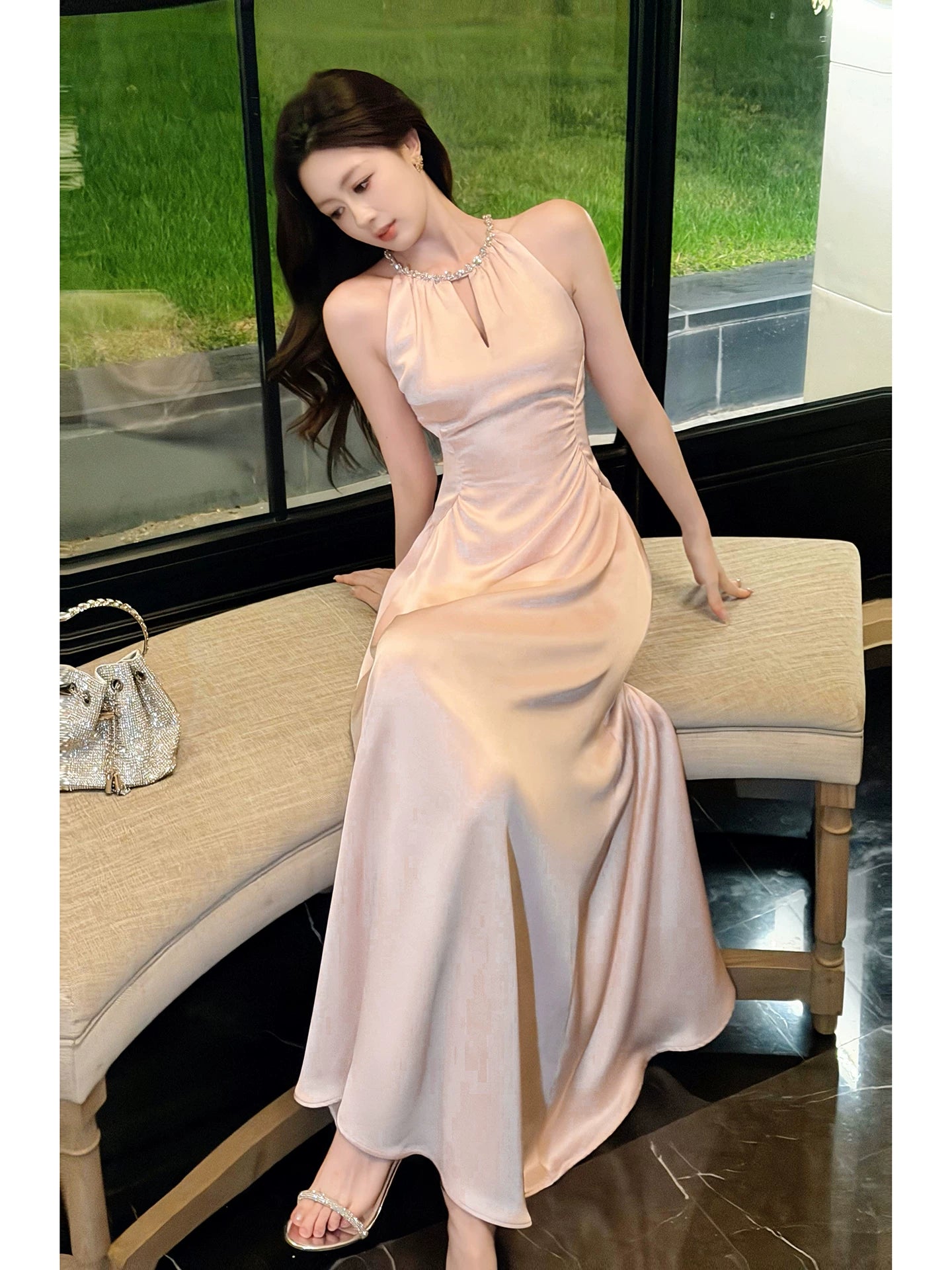 Halter A Line Pink Satin Formal Dress Sweet Birthday Dress  P1529