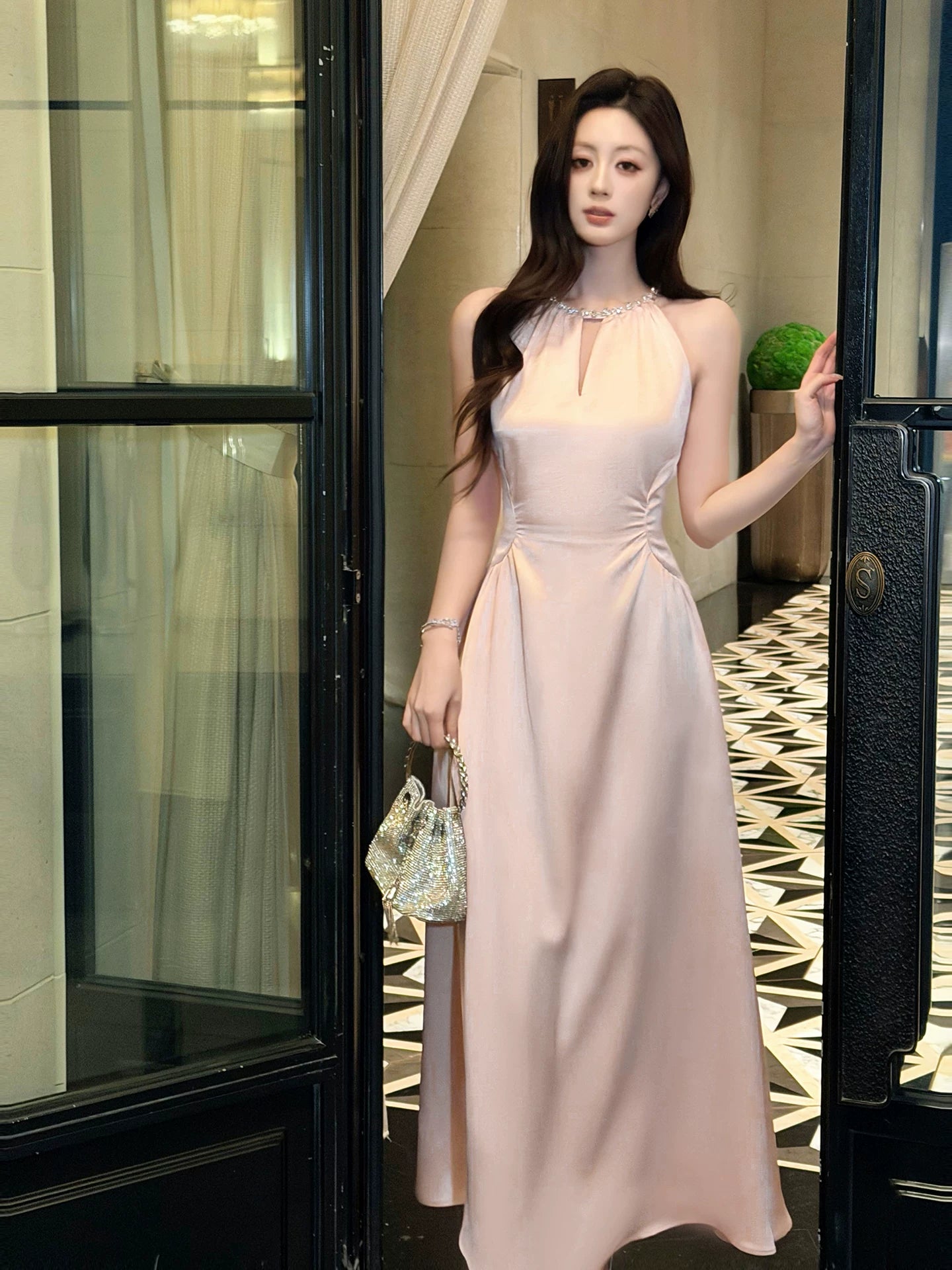 Halter A Line Pink Satin Formal Dress Sweet Birthday Dress  P1529