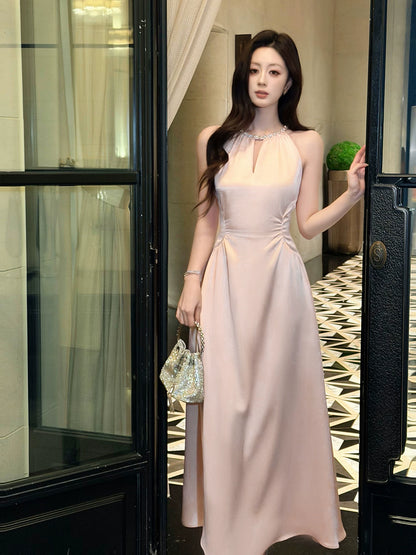 Halter A Line Pink Satin Formal Dress Sweet Birthday Dress  P1529