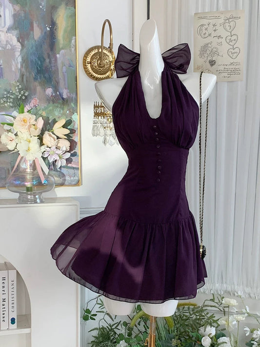 Halter A Line Purple Retro Homecoming Dress Birthday Dress  P1465