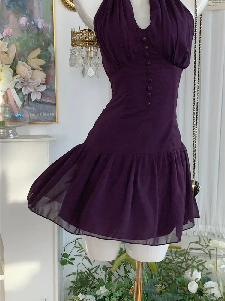 Halter A Line Purple Retro Homecoming Dress Birthday Dress  P1465