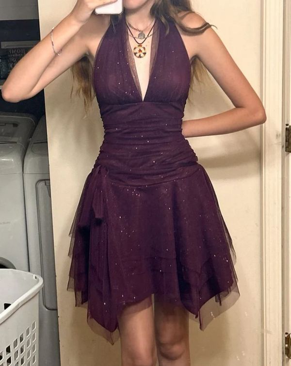 Halter A Line Purple Short Homecoming Dress Party Dress  P1487
