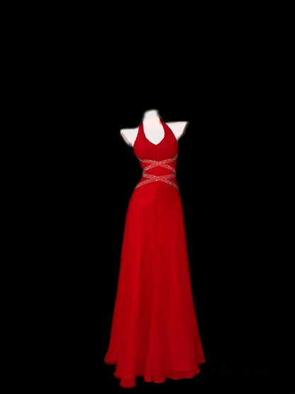 Halter A Line Red Formal Prom Dress Beaded Evening Gown  P1729