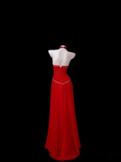 Halter A Line Red Formal Prom Dress Beaded Evening Gown  P1729