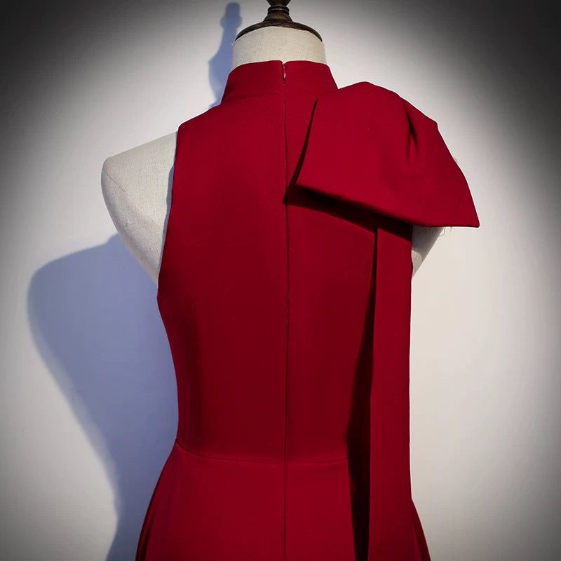 Halter A Line Red Satin Prom Dress Elegant Evening Dress  P1231