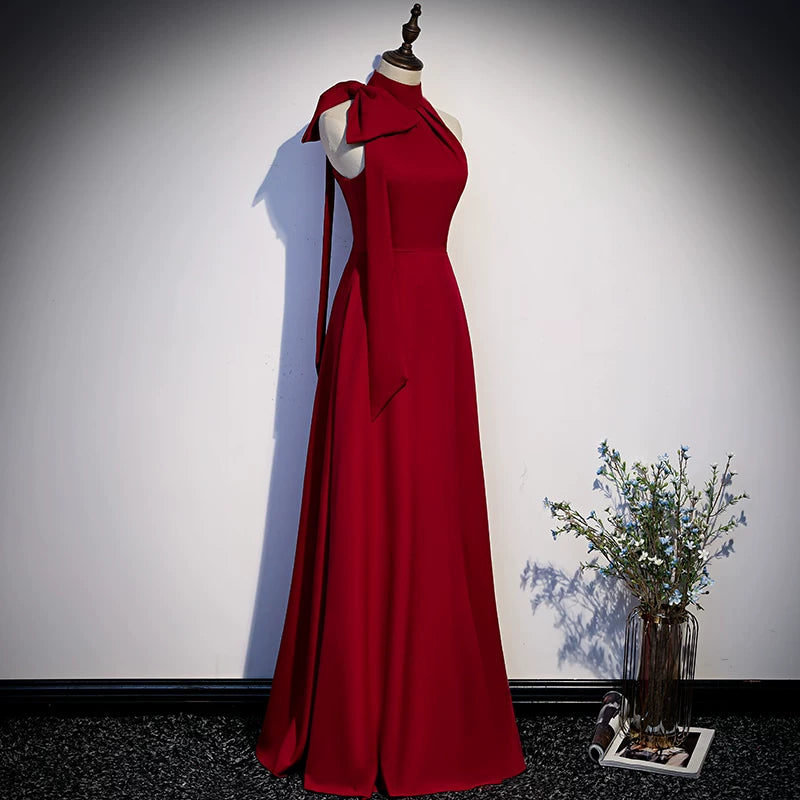 Halter A Line Red Satin Prom Dress Elegant Evening Dress  P1231