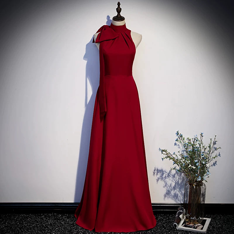 Halter A Line Red Satin Prom Dress Elegant Evening Dress  P1231