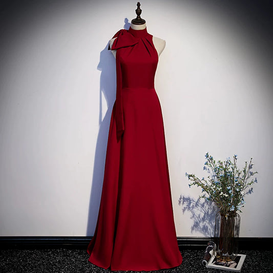 Halter A Line Red Satin Prom Dress Elegant Evening Dress  P1231