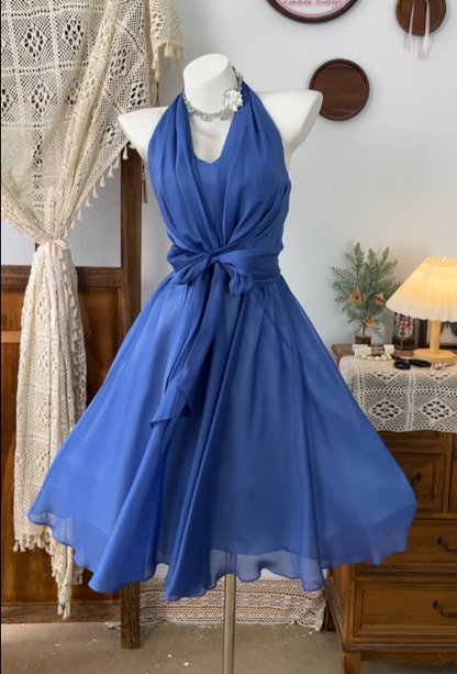 Halter A Line Royal Blue Chiffon Homecoming Dress Short Summer Dress  P1947