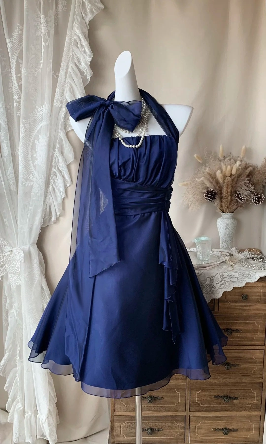 Halter A Line Royal Blue Homecoming Dress Ruffled Retro Birthday Dress  P1940