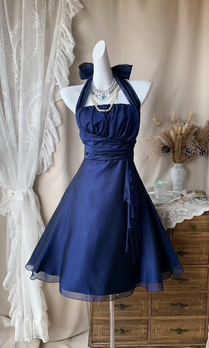 Halter A Line Royal Blue Homecoming Dress Ruffled Retro Birthday Dress  P1940
