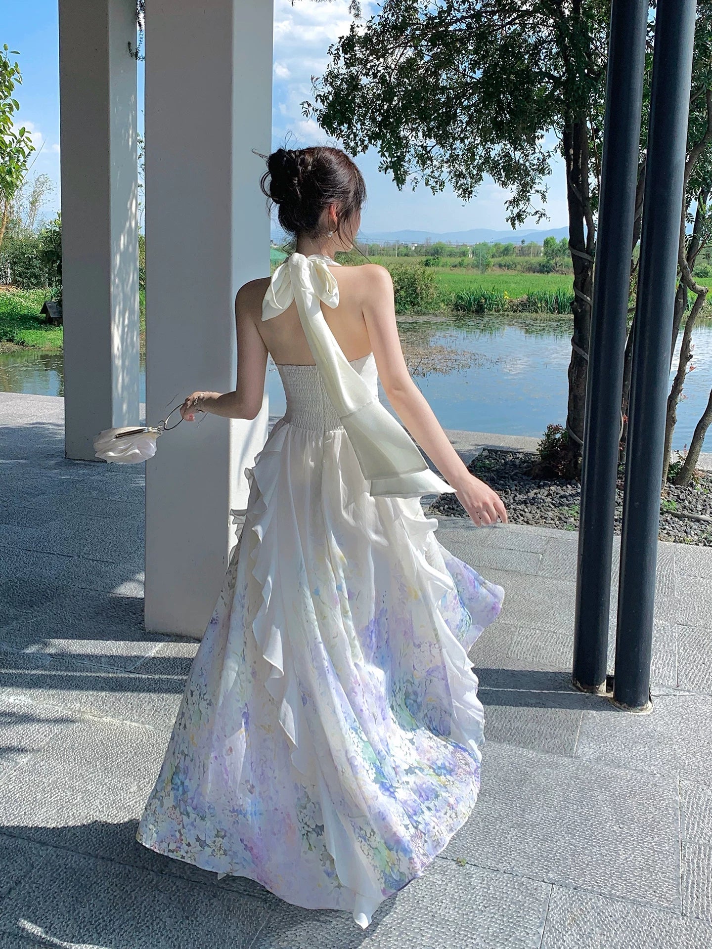 Halter A Line Ruffled Wedding Guest Dress Flora Printed Holiday Dress   L87