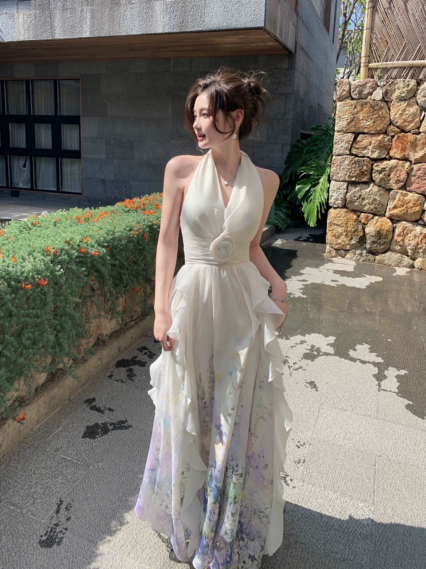 Halter A Line Ruffled Wedding Guest Dress Flora Printed Holiday Dress   L87