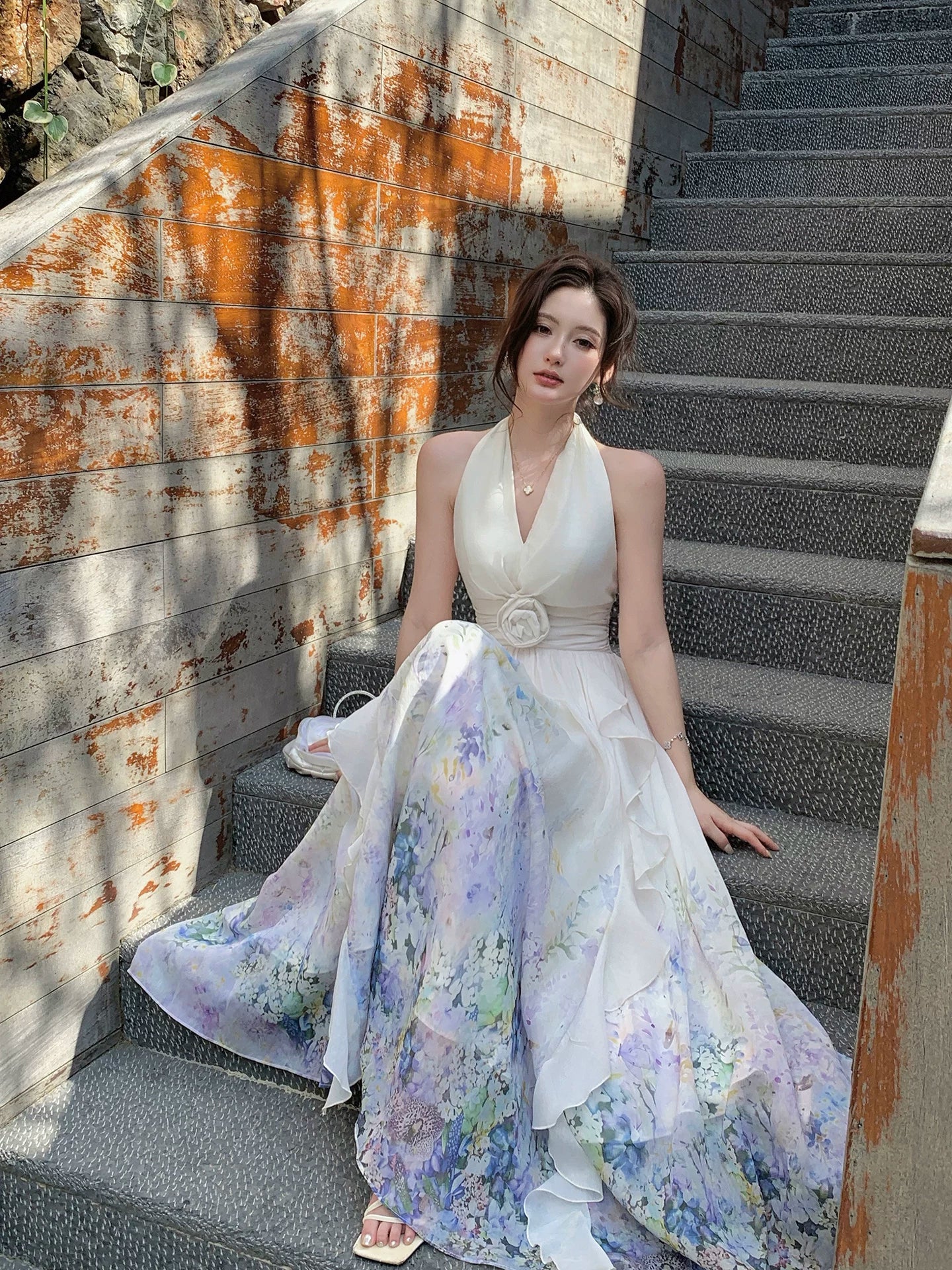 Halter A Line Ruffled Wedding Guest Dress Flora Printed Holiday Dress   L87