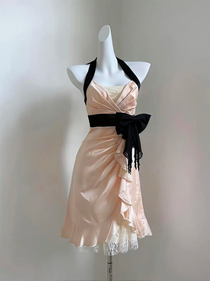 Halter A Line Satin Homecoming Dress Ruffled Party Dress  P1719