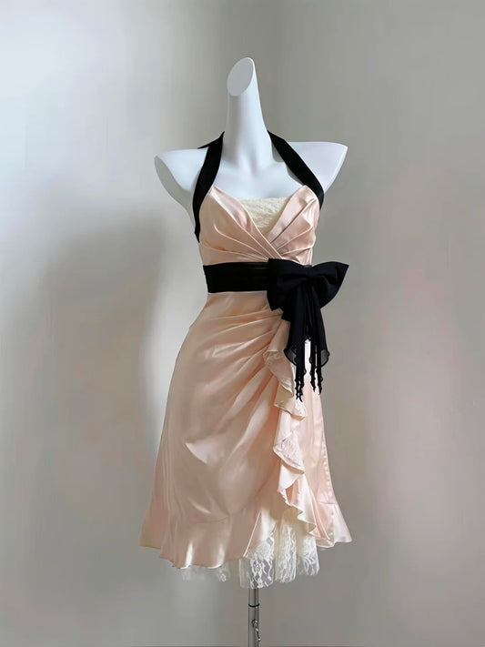 Halter A Line Satin Homecoming Dress Ruffled Party Dress  P1719