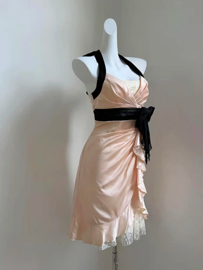 Halter A Line Satin Homecoming Dress Ruffled Party Dress  P1719