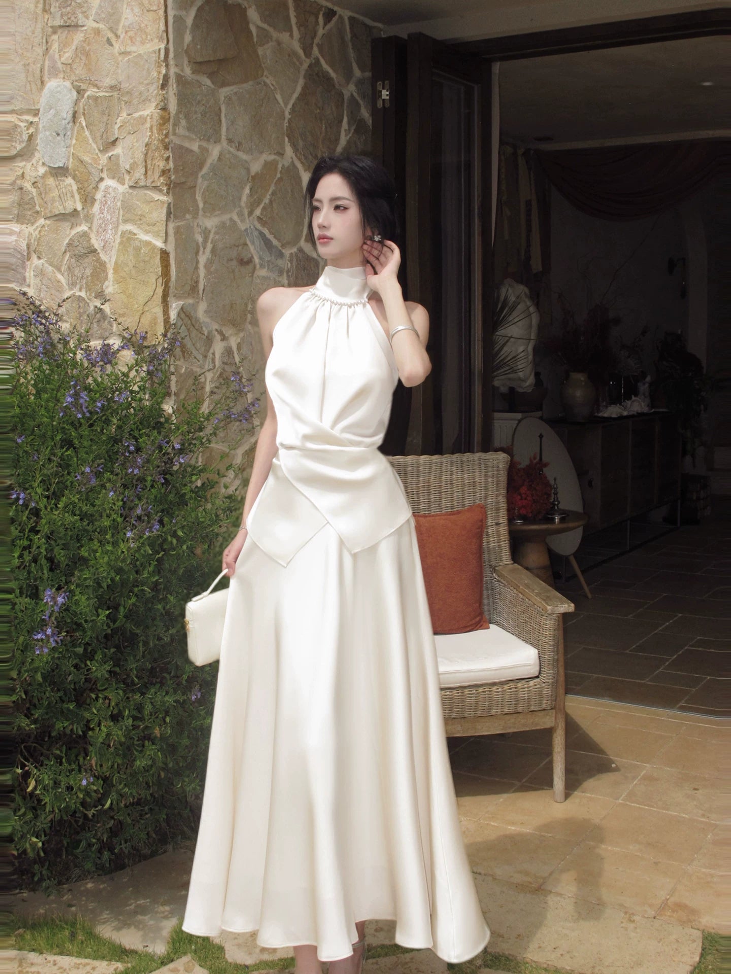 Halter A Line Satin Wedding Dress Elegant Evening Dress  P1276