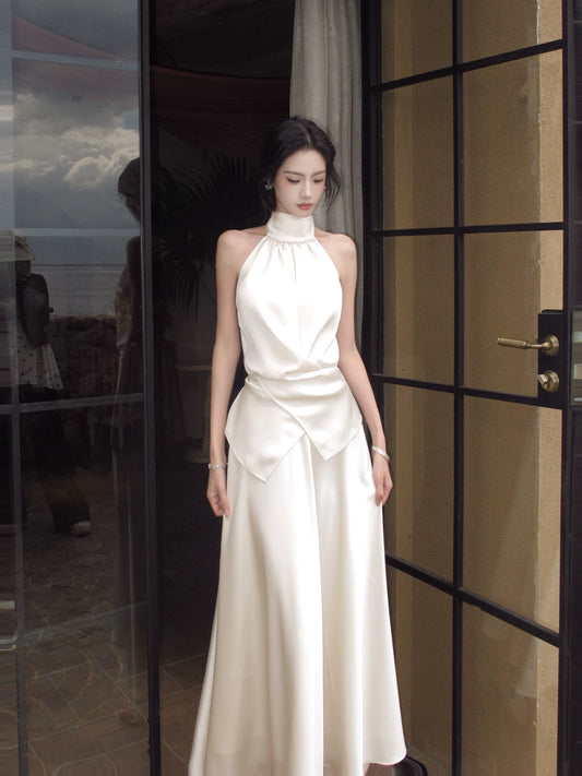 Halter A Line Satin Wedding Dress Elegant Evening Dress  P1276